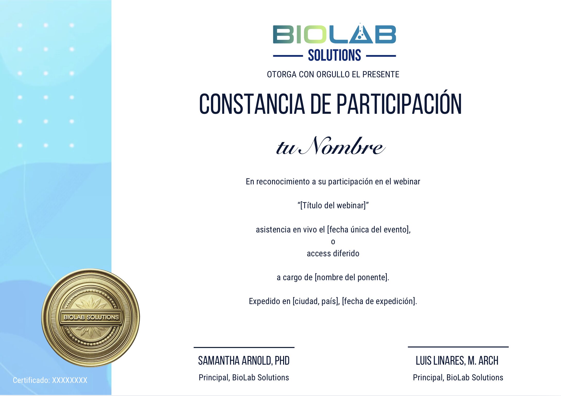 Muestra de constancia digital de participación webinar BioLab Solutions”.