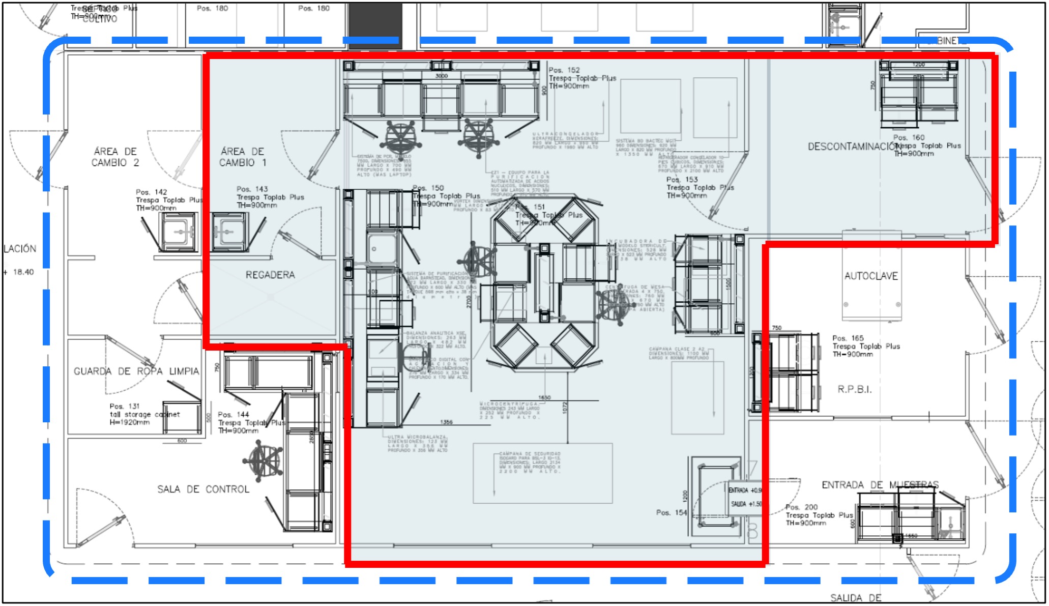 Plano esquemático del laboratorio BSL-3+ en México, mostrando la distribución de áreas y zonas de contención