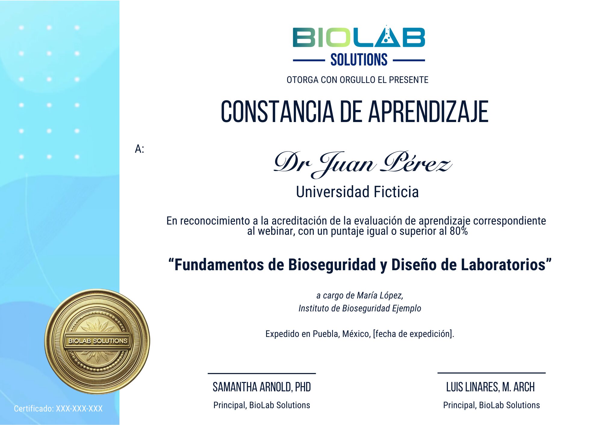 Muestra de constancia digital de participación webinar BioLab Solutions”.