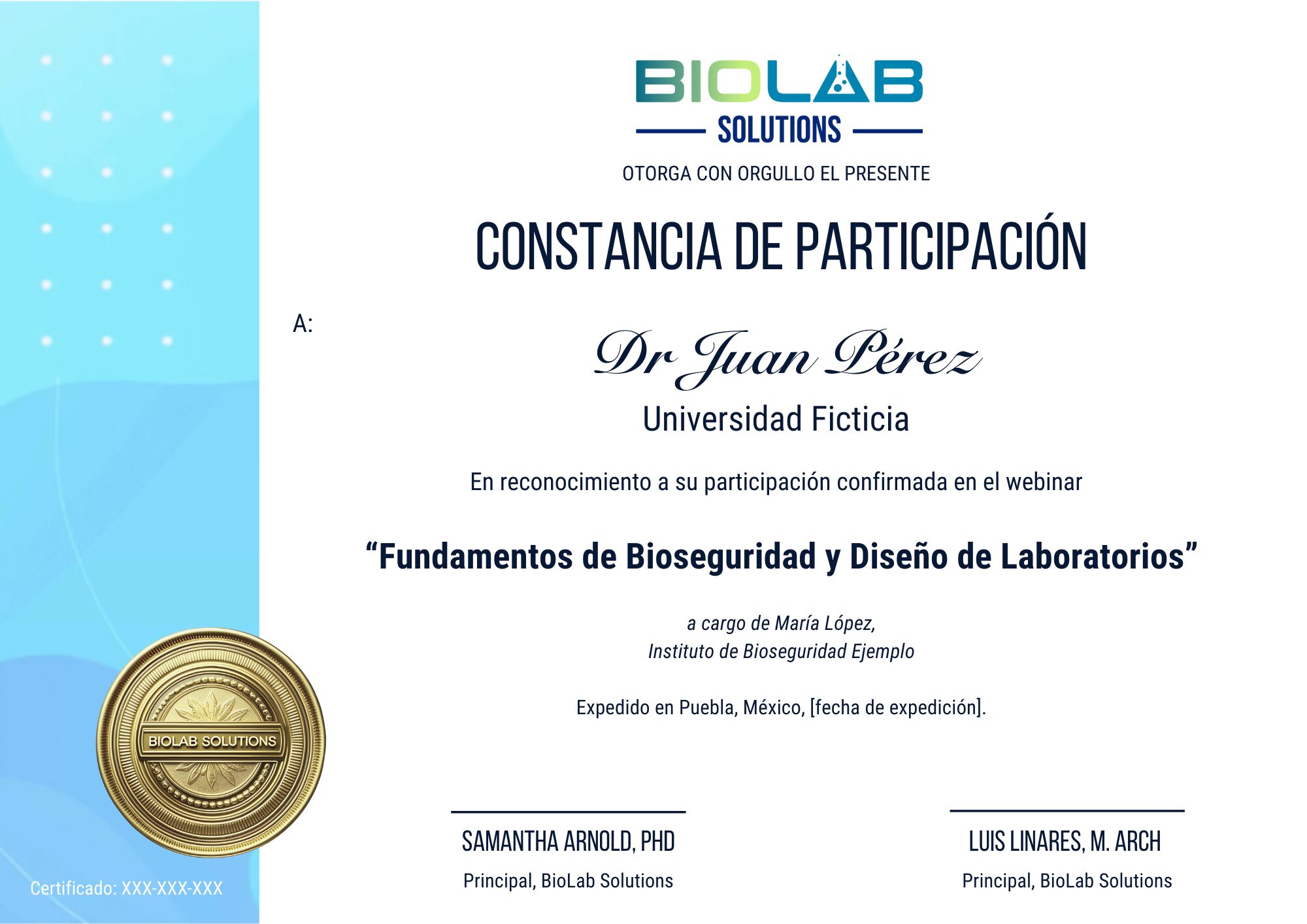 Muestra de constancia digital de participación webinar BioLab Solutions”.