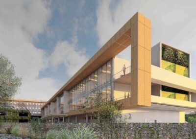 Render del Campus Gorgas en Chivo Chivo Panamá, complejo de laboratorios BSL-2 y BSL-3 con diseño sostenible y pulmón verde central
